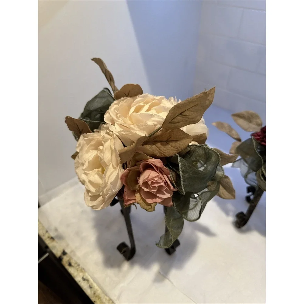 Artificial Pink/Dusty Rose/moss Flower FAUX Bouquet w Iron Legs Green Ribbon‎